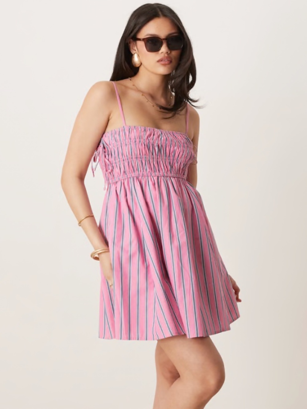 Abercrombie & Fitch Babydoll Smocked Poplin Mini Dress in Pink and Blue Stripes